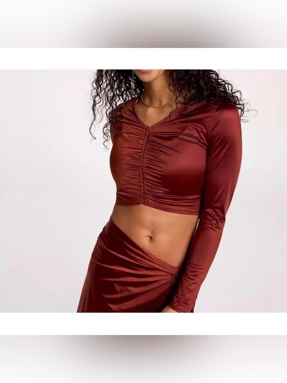 NWT Calia Red Brown Long Sleeve Ruched Rashguard SPF 50 Beach Swim Top, Size S.